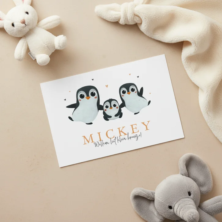 Geboortekaartje pinguïns derde kindje hartjes lief 