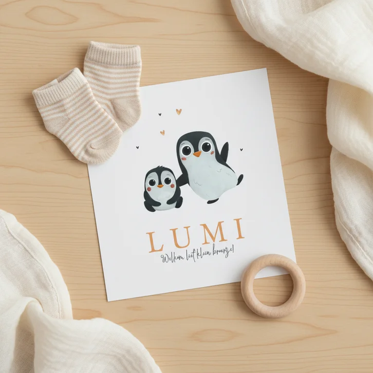 Geboortekaartje Pinguïns schattig dieren hartjes goud