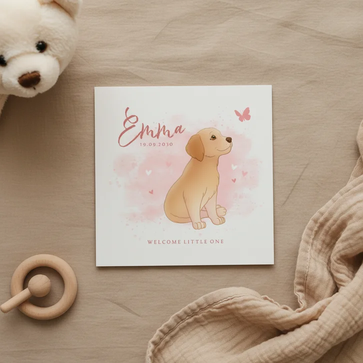 Geboortekaartje puppy roze achtegrond met hartjes vlinder