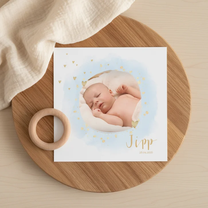 Geboortekaartje ronde foto hartjes waterverf lichtblauw