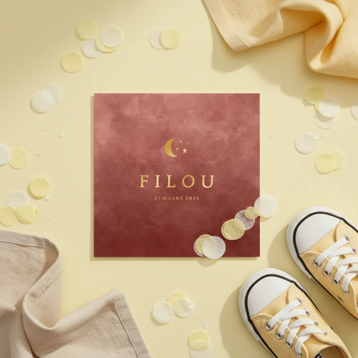 Geboortekaartje roze met foliedruk sterren en maantje