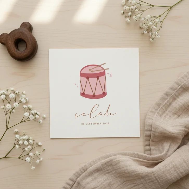 Geboortekaartje roze trommel stokjes muzieknootjes