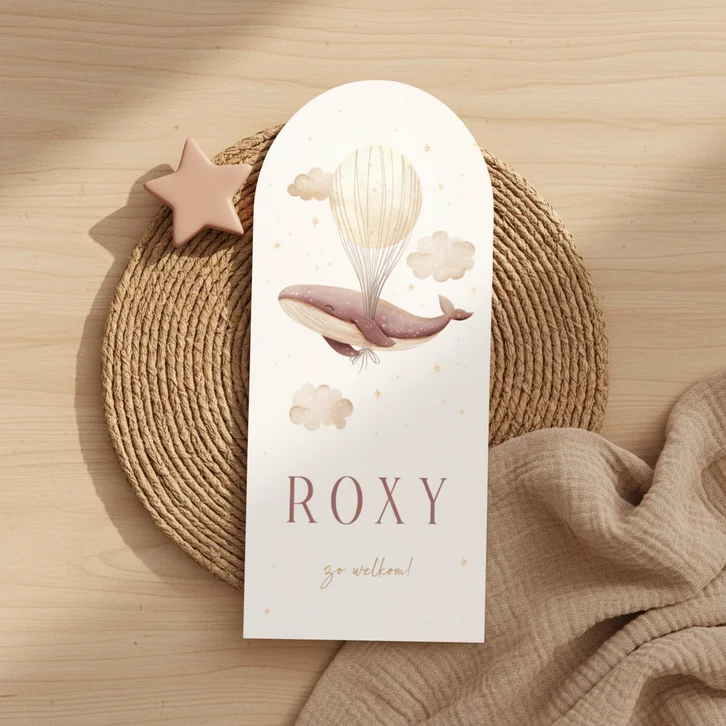 Geboortekaartje roze walvis boog met sterren en maan