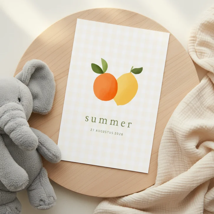 Geboortekaartje ruitjes geel citroen sinaasappel fruit