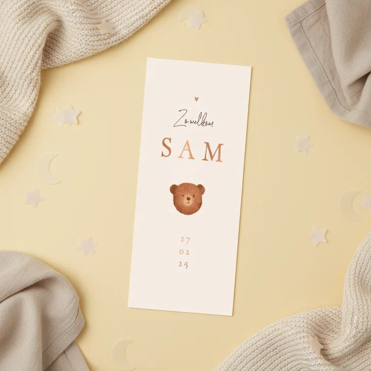 Geboortekaartje schattig beertje stijlvol beige zandkleur