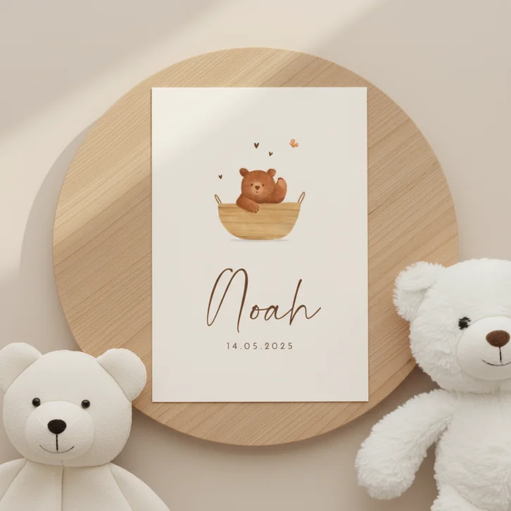 Geboortekaartje schattig beertje unisex hartjes beige