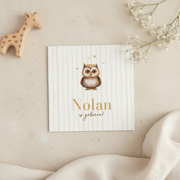 Geboortekaartje schattig uiltje beige lief gestreept