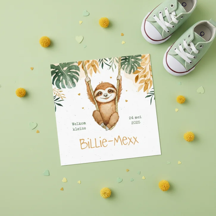 Geboortekaartje schattige luiaard dieren jungle waterverf 