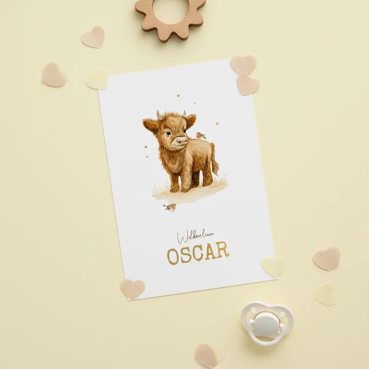 Geboortekaartje schotse hooglander jongen waterverf vogels