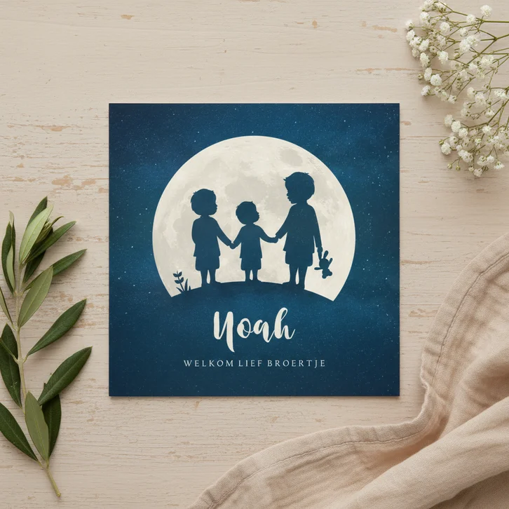 Geboortekaartje silhouet 3 broers hand in hand in volle maan