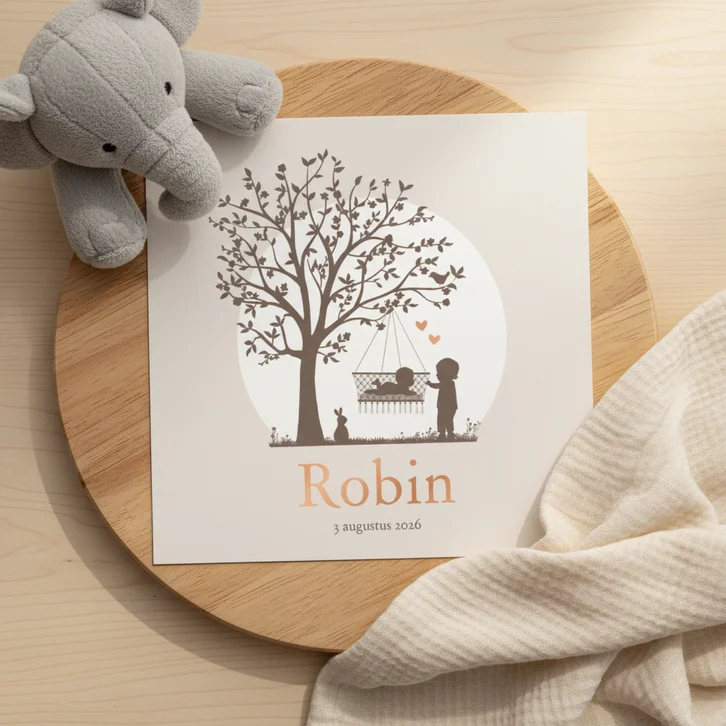 Geboortekaartje silhouet baby in hangschommel en broertje