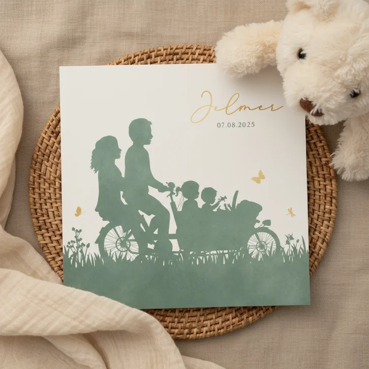 Geboortekaartje silhouet bakfiets 3 kinderen zus broer