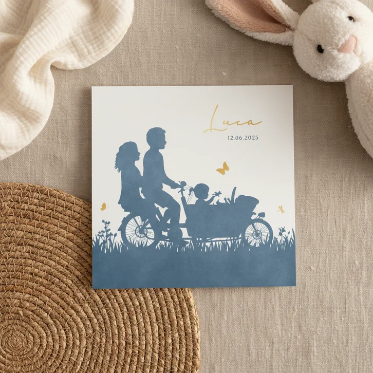 Geboortekaartje silhouet bakfiets met grote zus 