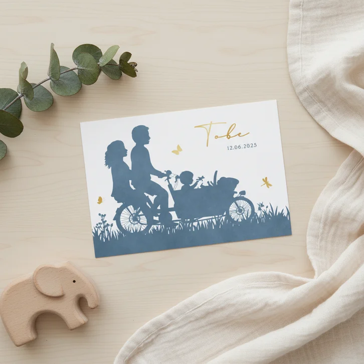 Geboortekaartje silhouet broertje met grote zus in bakfiets