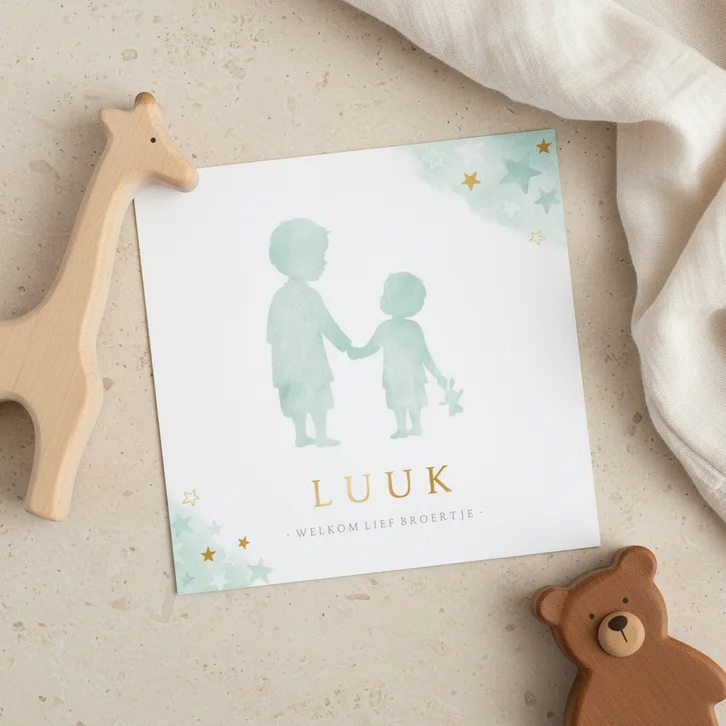 Geboortekaartje silhouet grote en kleine broer waterverf