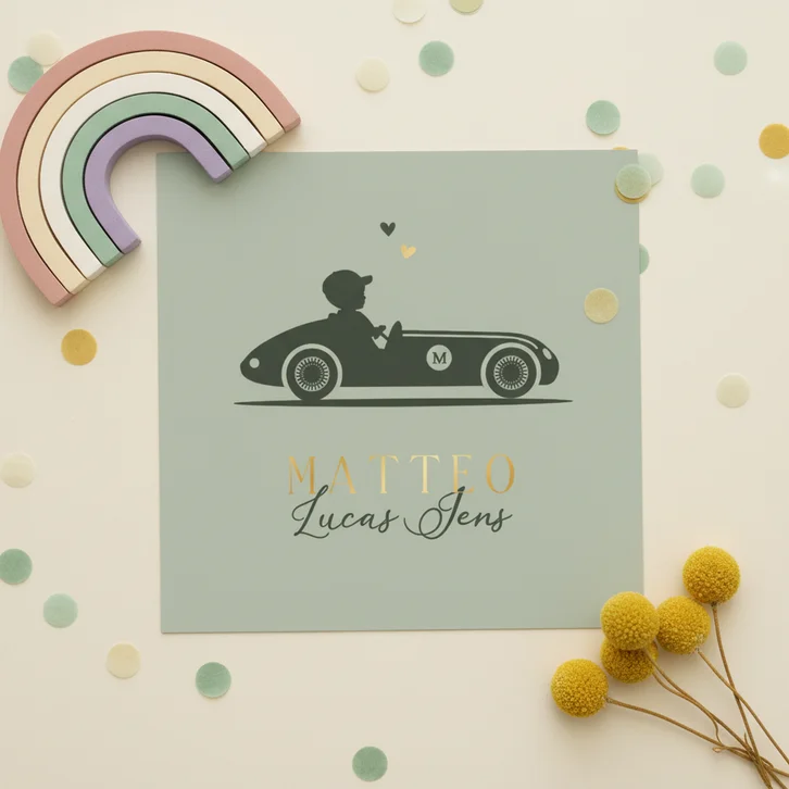 Geboortekaartje silhouet jongen raceauto met baby jongen 