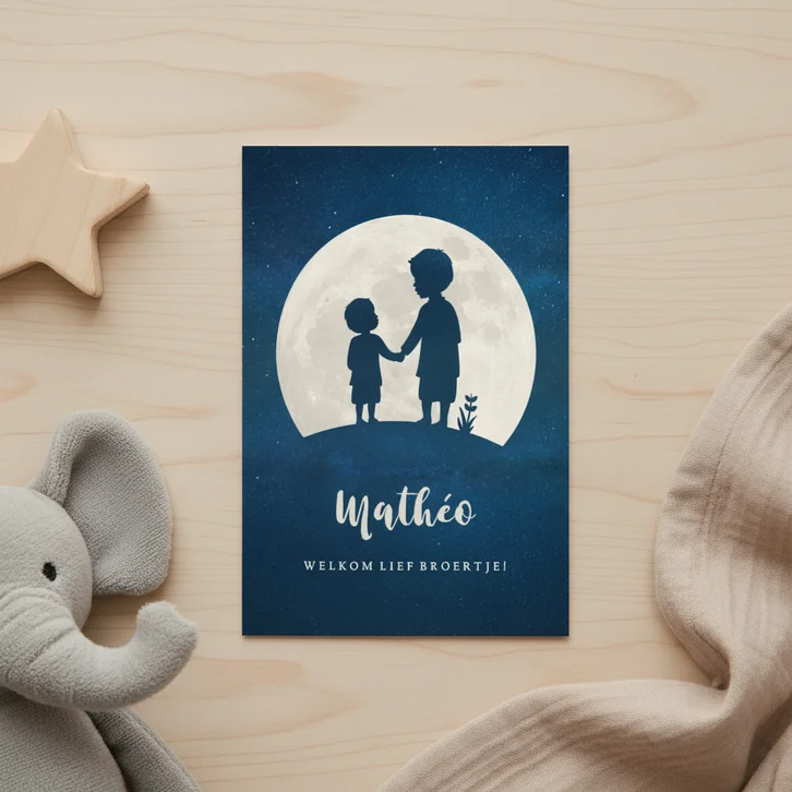 Geboortekaartje silhouet van 2 broertjes volle maan