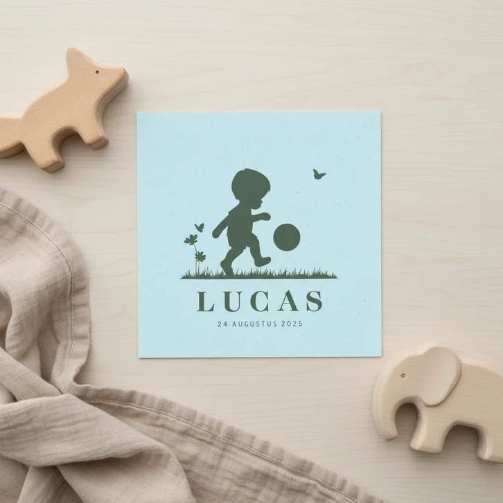 Geboortekaartje silhouet voetballer blauw groen