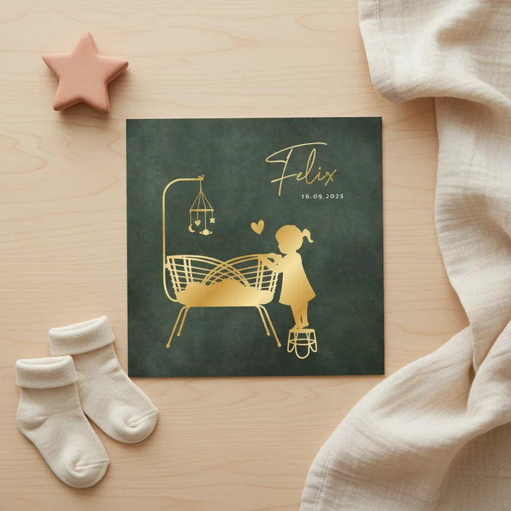 Geboortekaartje silhouet wieg grote zus babybroertje