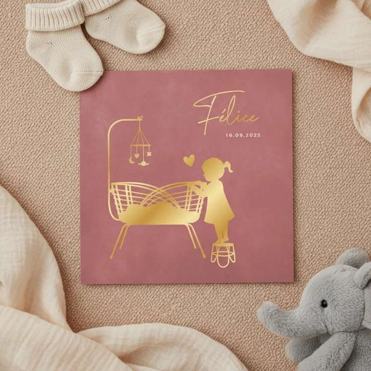 Geboortekaartje silhouet zus bij wiegje babyzusje