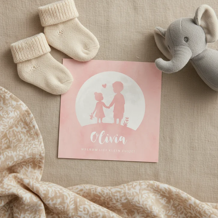 Geboortekaartje silhouet zusje hand in hand met grote broer