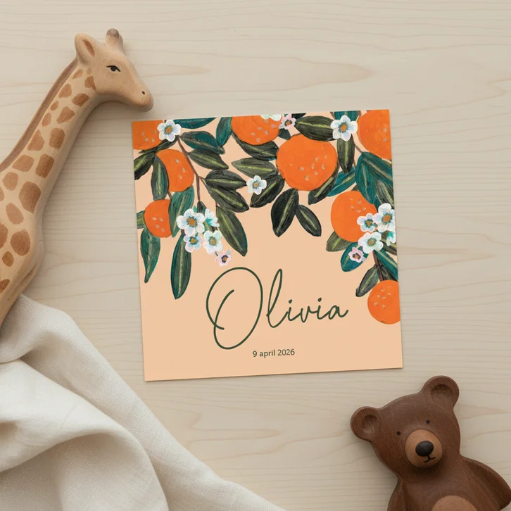 Geboortekaartje sinaasappels met bloesem