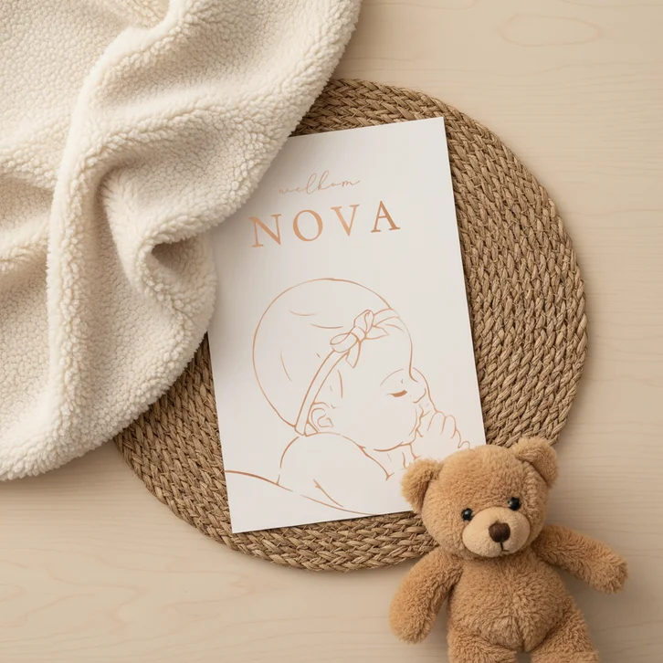 Geboortekaartje slapend meisje met haarband - koperfolie