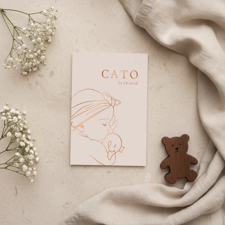 Geboortekaartje slapend meisje met knuffelzwaan – koperfolie