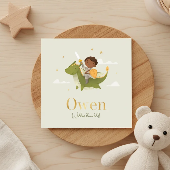 Geboortekaartje sprookje ridder draak kasteel sterretjes 