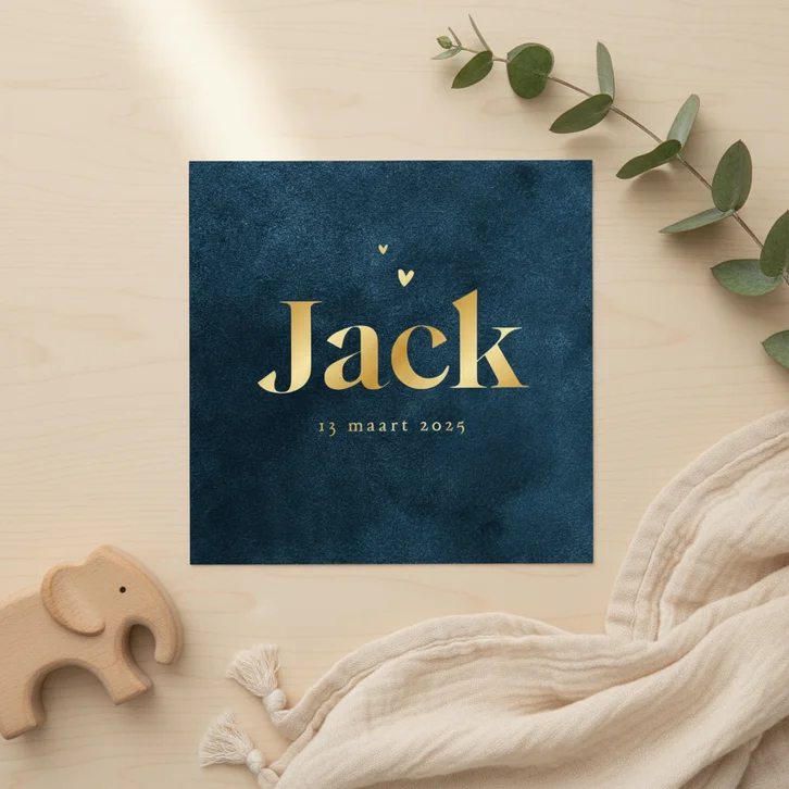 Geboortekaartje stijlvol blauw goud hartje