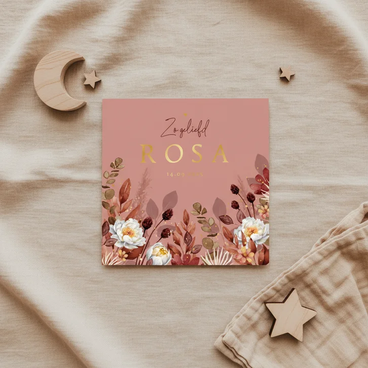Geboortekaartje stijlvol bloemen oudroze goud waterverf