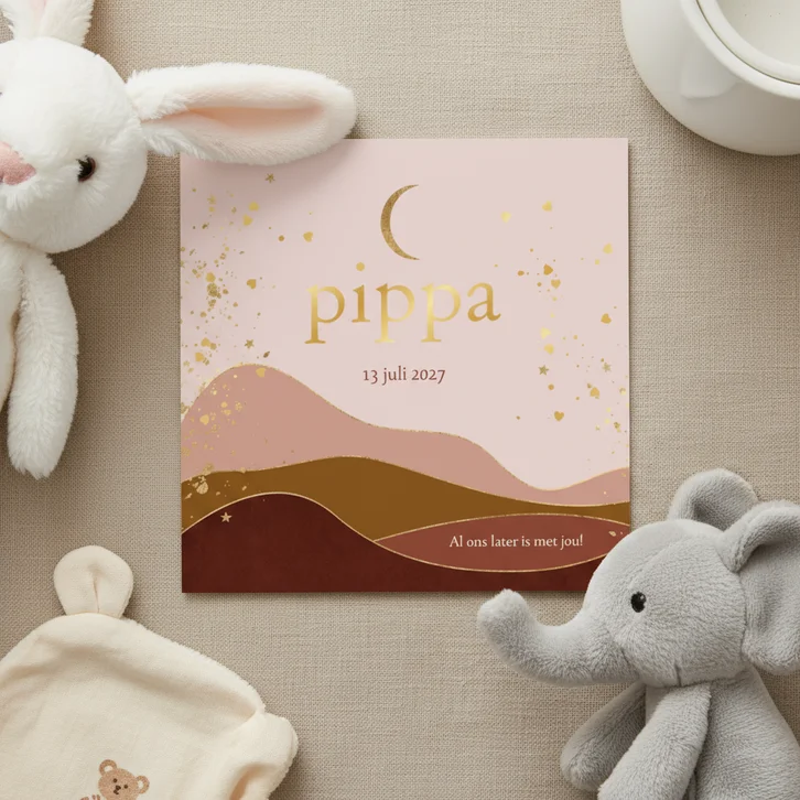 Geboortekaartje stijlvol boho bergen goudfolie hartjes maan 