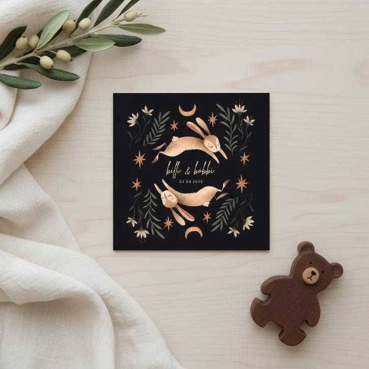 Geboortekaartje stijlvol haasje met bloemen vierkant