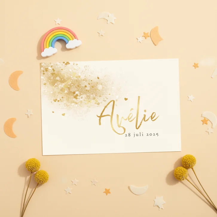 Geboortekaartje stijlvol hartjes goud spetters waterverf