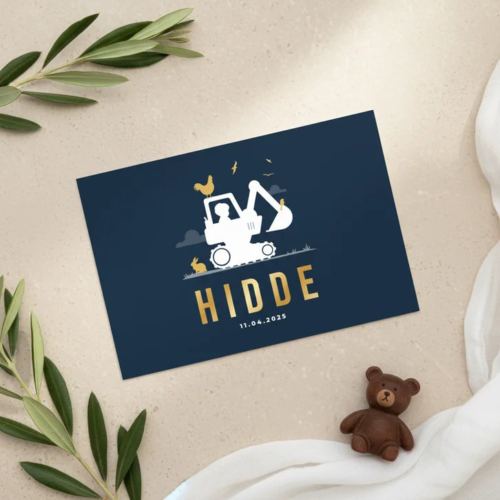 Geboortekaartje stoer graafmachine boerderij dieren silhouet