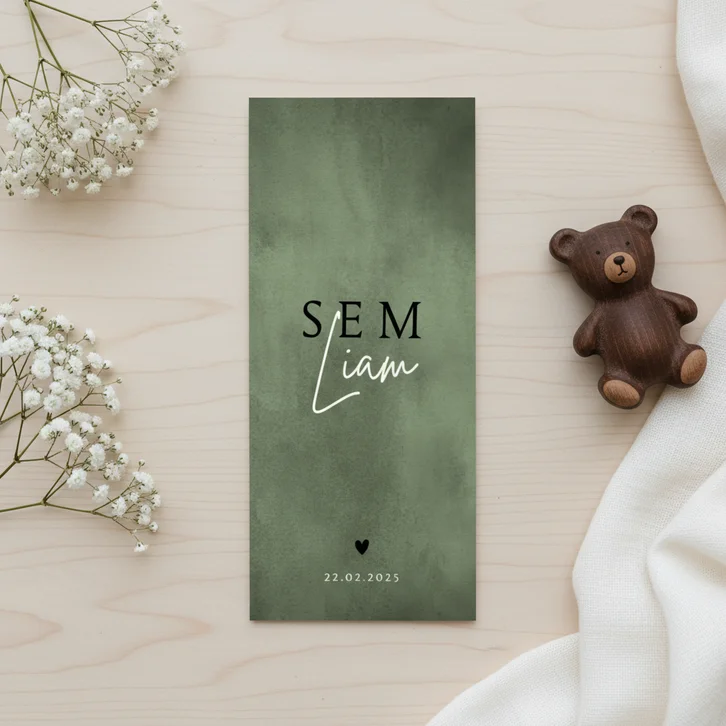 Geboortekaartje stoer met groene waterverf en hartje