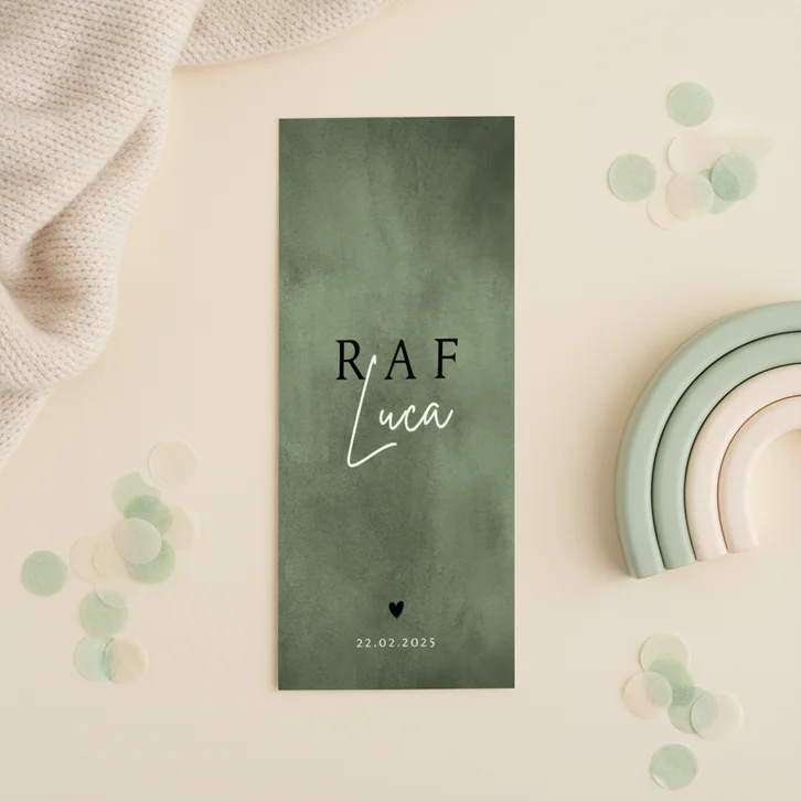 Geboortekaartje stoer met hartje en groene waterverf