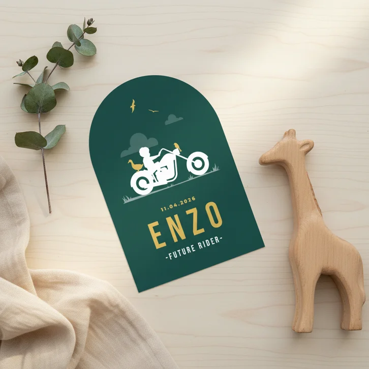 Geboortekaartje stoer silhouet motor jongen vogels