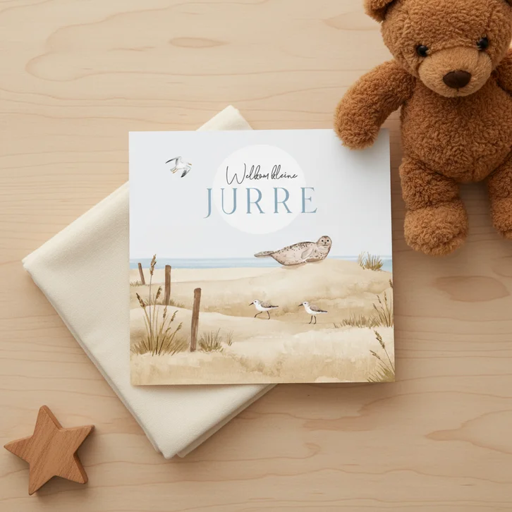 Geboortekaartje strand waterverf dieren zeehond vogels zomer
