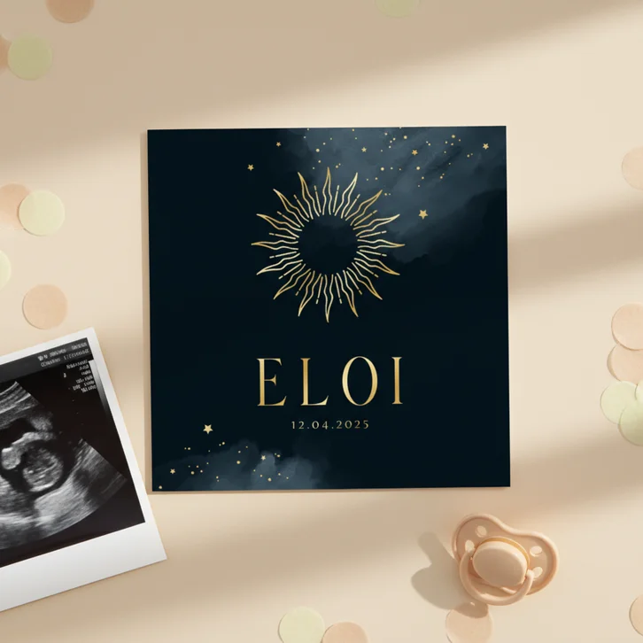 Geboortekaartje symboliek zon hemellichaam sterren goud verf