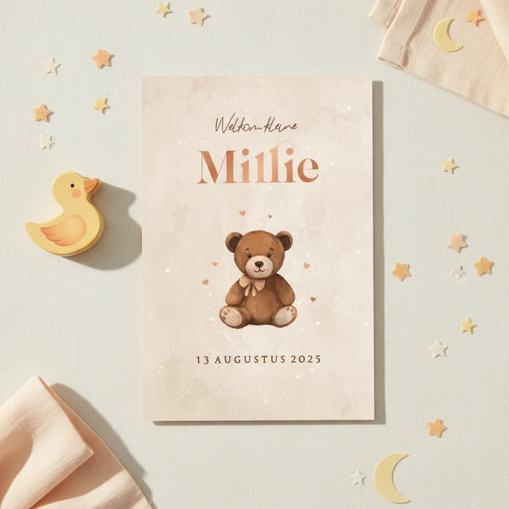 Geboortekaartje teddybeertje hartjes neutraal koper