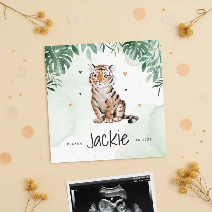 Geboortekaartje tijger jungle botanisch waterverf