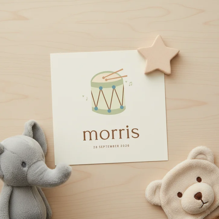 Geboortekaartje trommel stokjes muzieknootjes groen