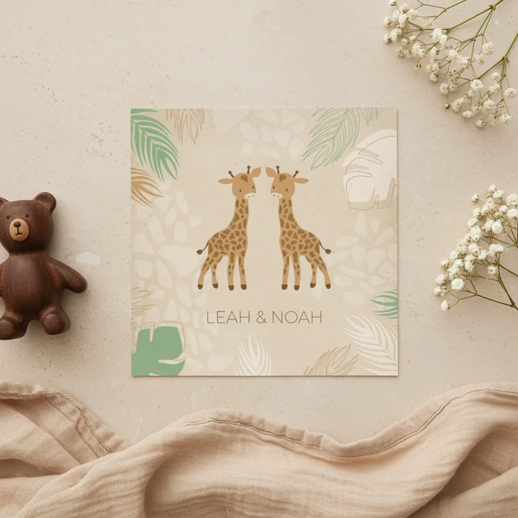 Geboortekaartje tweeling groene blaadjes met giraf