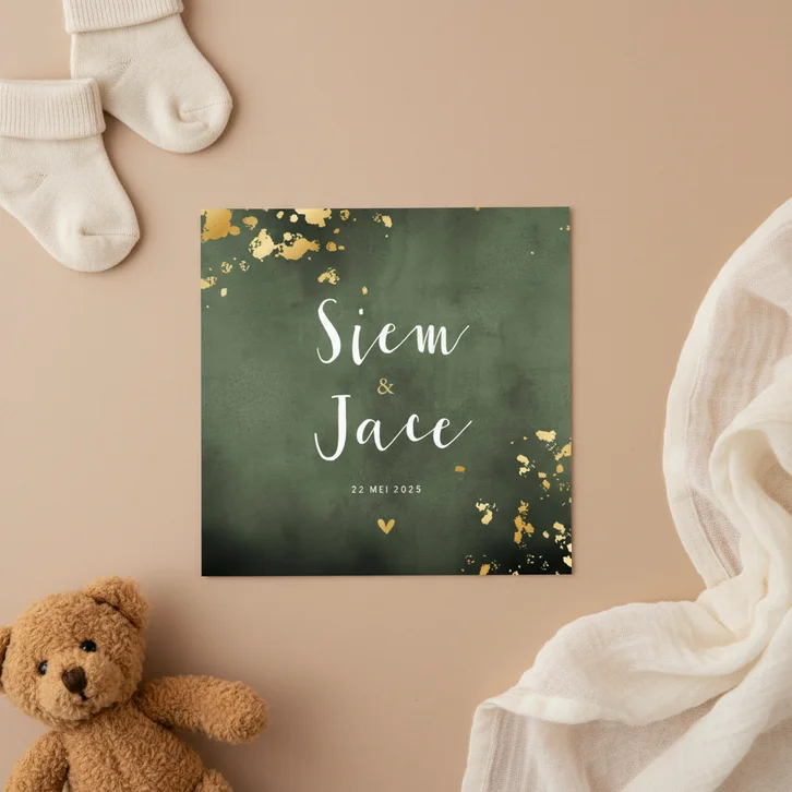 Geboortekaartje tweeling groene waterverf gouden spetters