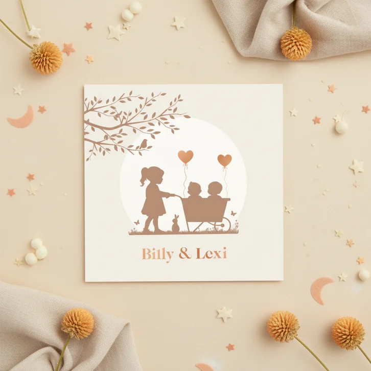 Geboortekaartje tweeling in kruiwagen met zusje 