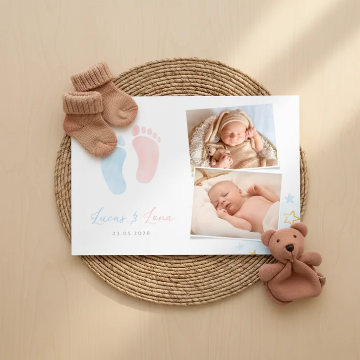 Geboortekaartje tweeling jongen meisje voetjes en foto's