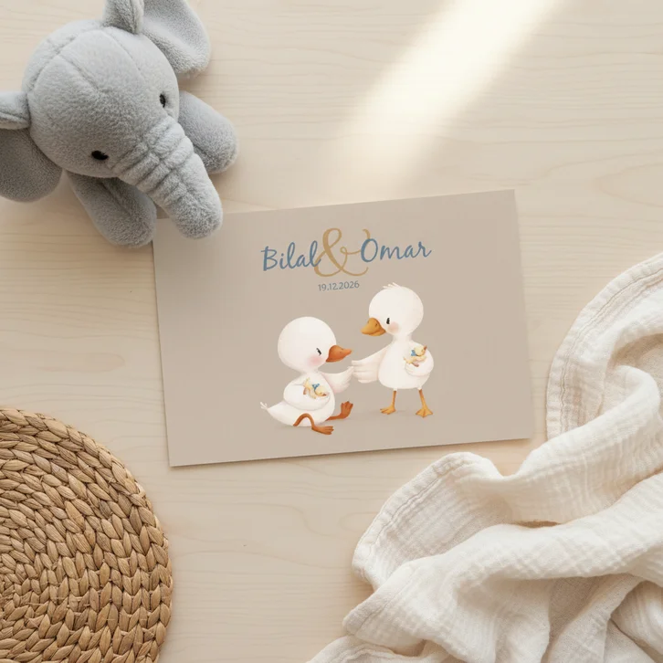 Geboortekaartje tweeling jongens eendjes illustratie