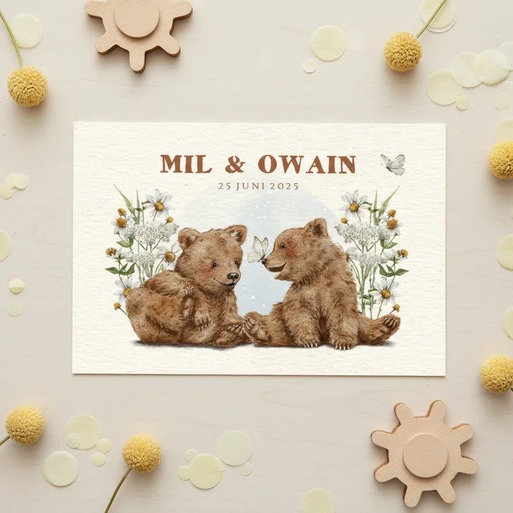 Geboortekaartje tweeling met beertjes en vlinders in bloemen