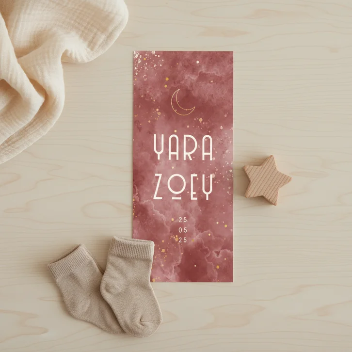 Geboortekaartje tweeling met gouden maan en wolkjes